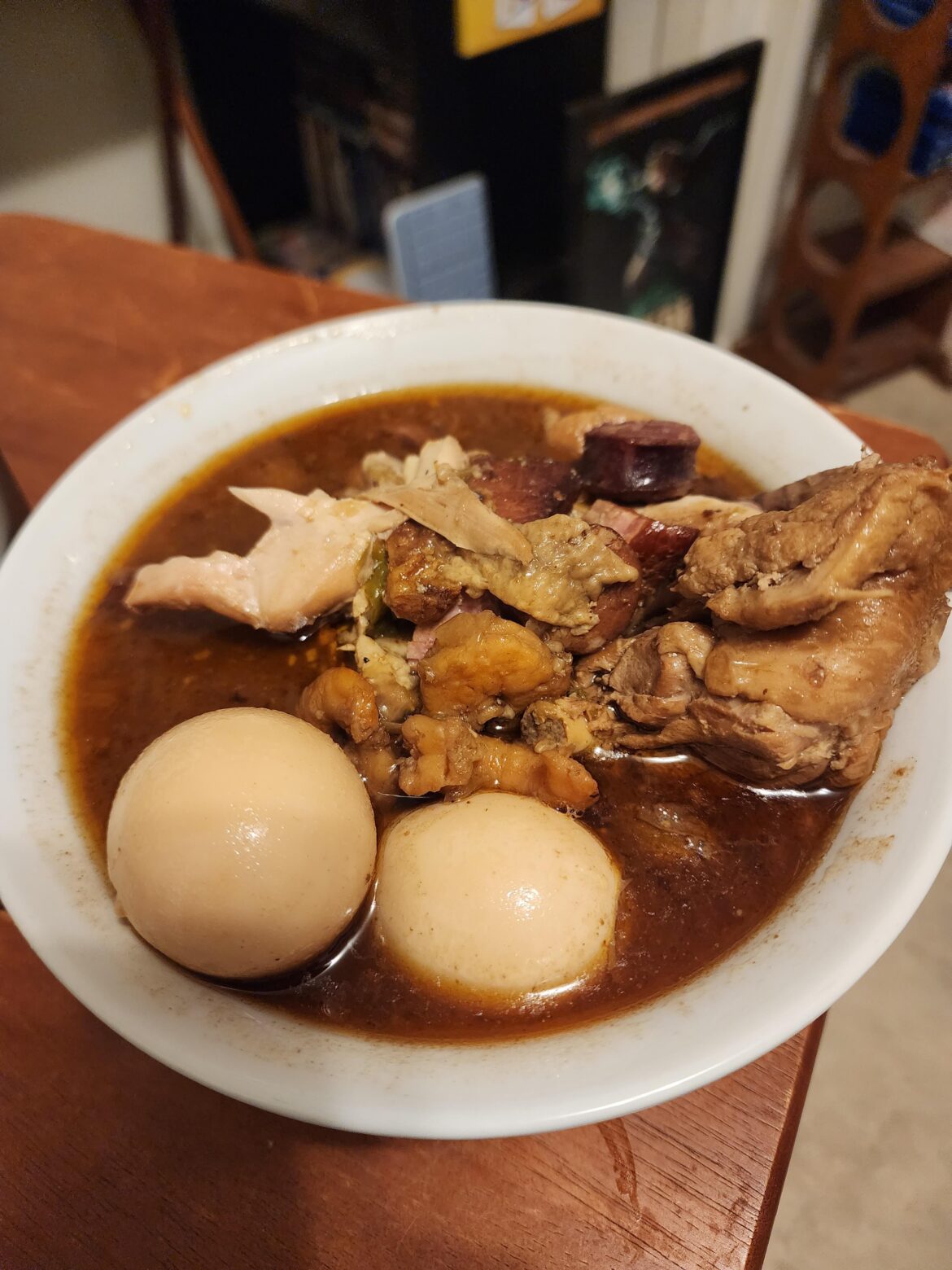 Chicken, sausage, Tasso, and shrimp gumbo for breakfast