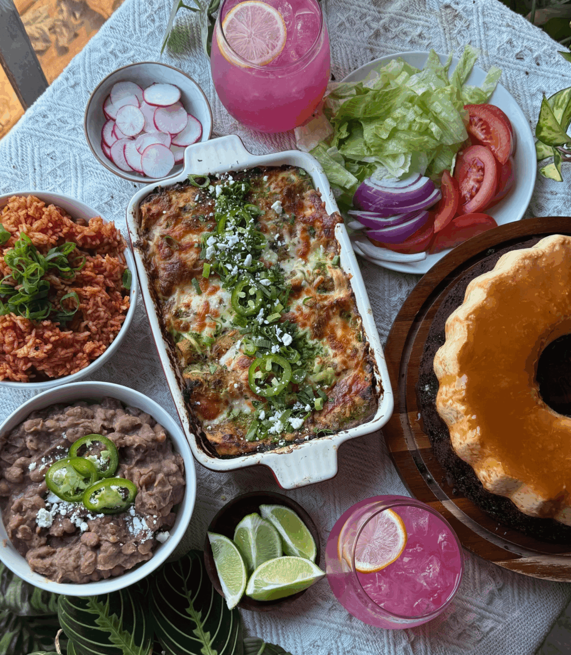 Green chicken enchiladas, pinto beans, red rice for dinner tonight. Chocoflan for dessert.