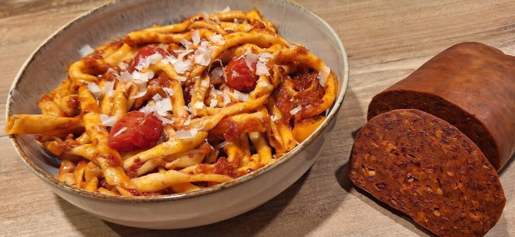 Homemade Fileja with 'Nduja and Cherry Tomatoes