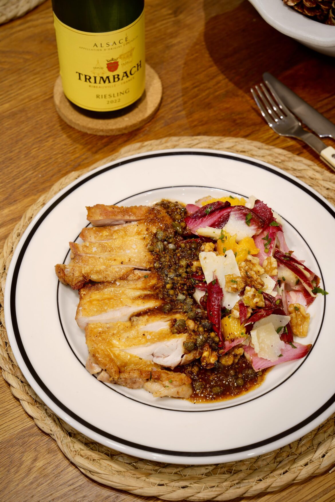 Frugal Dinner: Pan-roasted Chicken Thighs with Chicory & Walnut Salad, and Pan Sauce