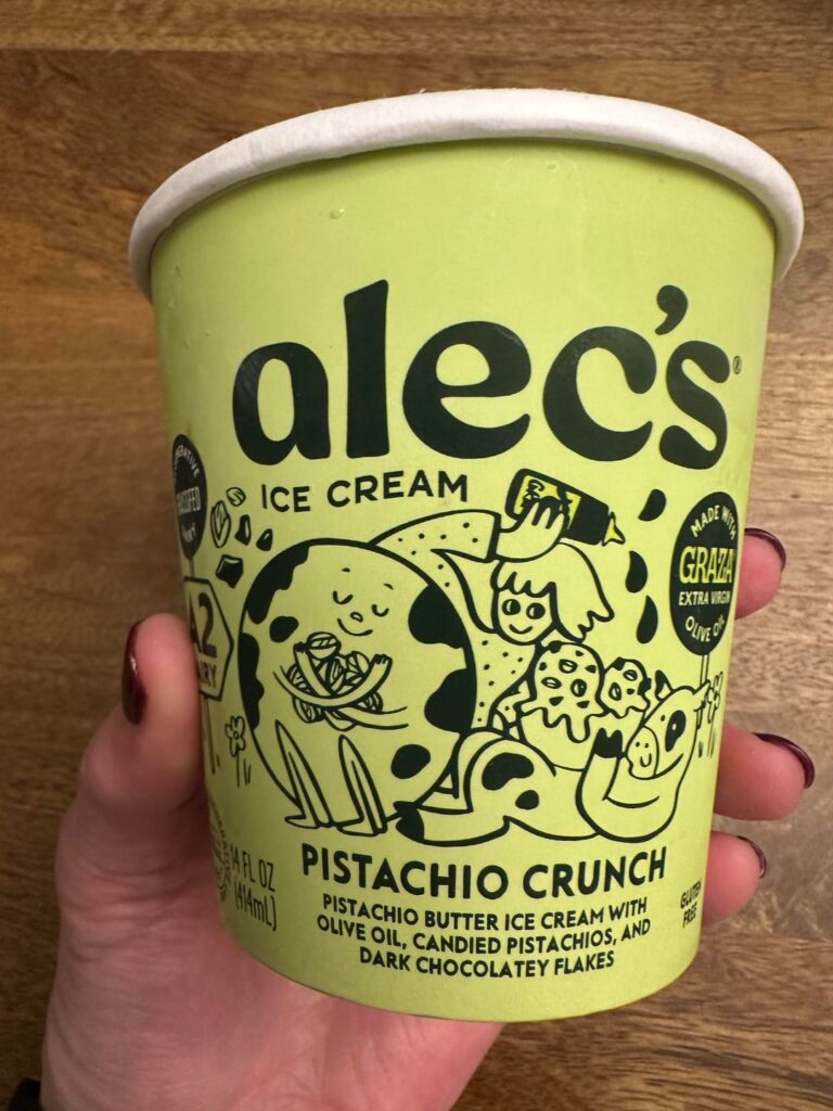 Review of Alec’s Pistachio Crunch ice cream. Recommend!