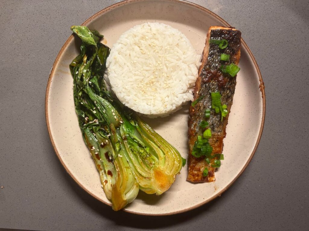 Miso-Glazed Salmon, Jasmine Rice, Sautéed Bol Choy :3