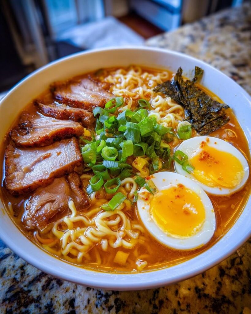 Spicy shoyu ramen with chashu, jammy eggs, scallions, and nori