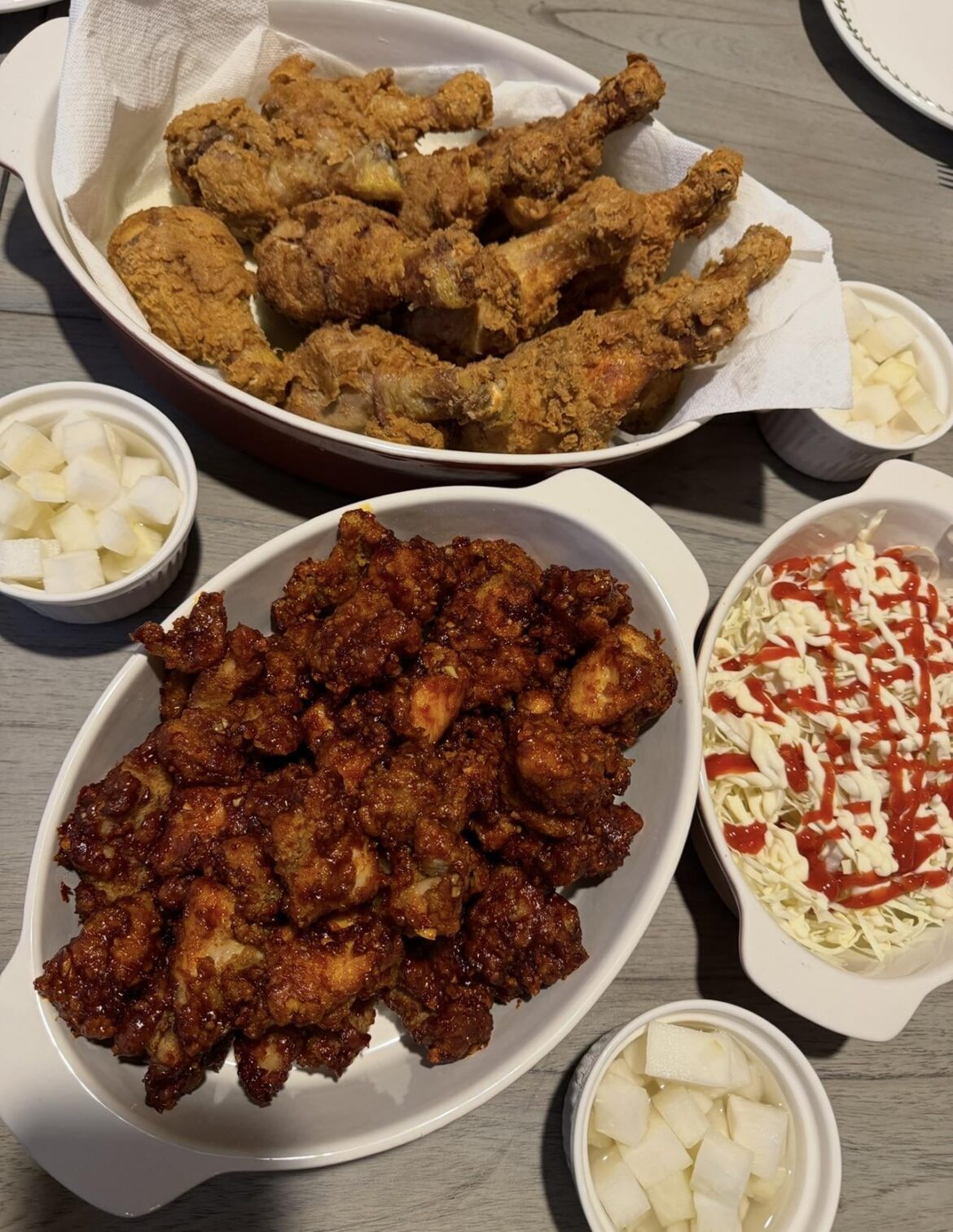 Homemade Korean Fried Chicken & Yangnyeom Chicken with Pickled Radish