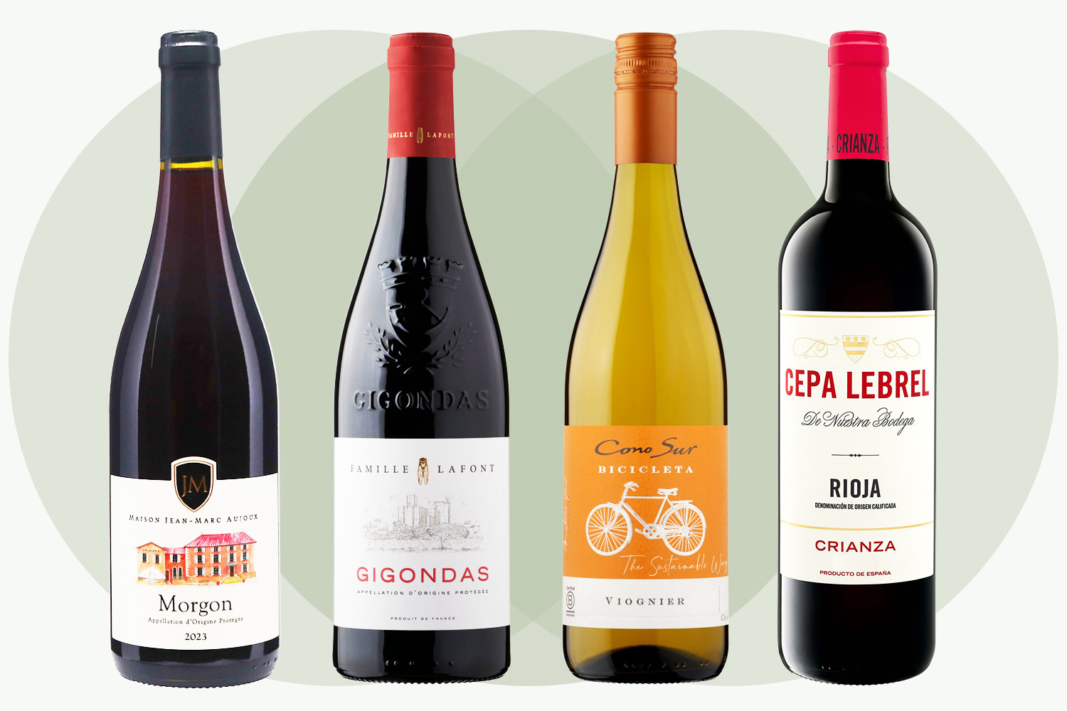 Collage of four wine bottles: Maison Jean-Marc Aujoux Morgon 2023, Famille Lafont Gigondas, Cono Sur Bicicleta Viognier, and Cepa Lebrel Rioja Crianza.