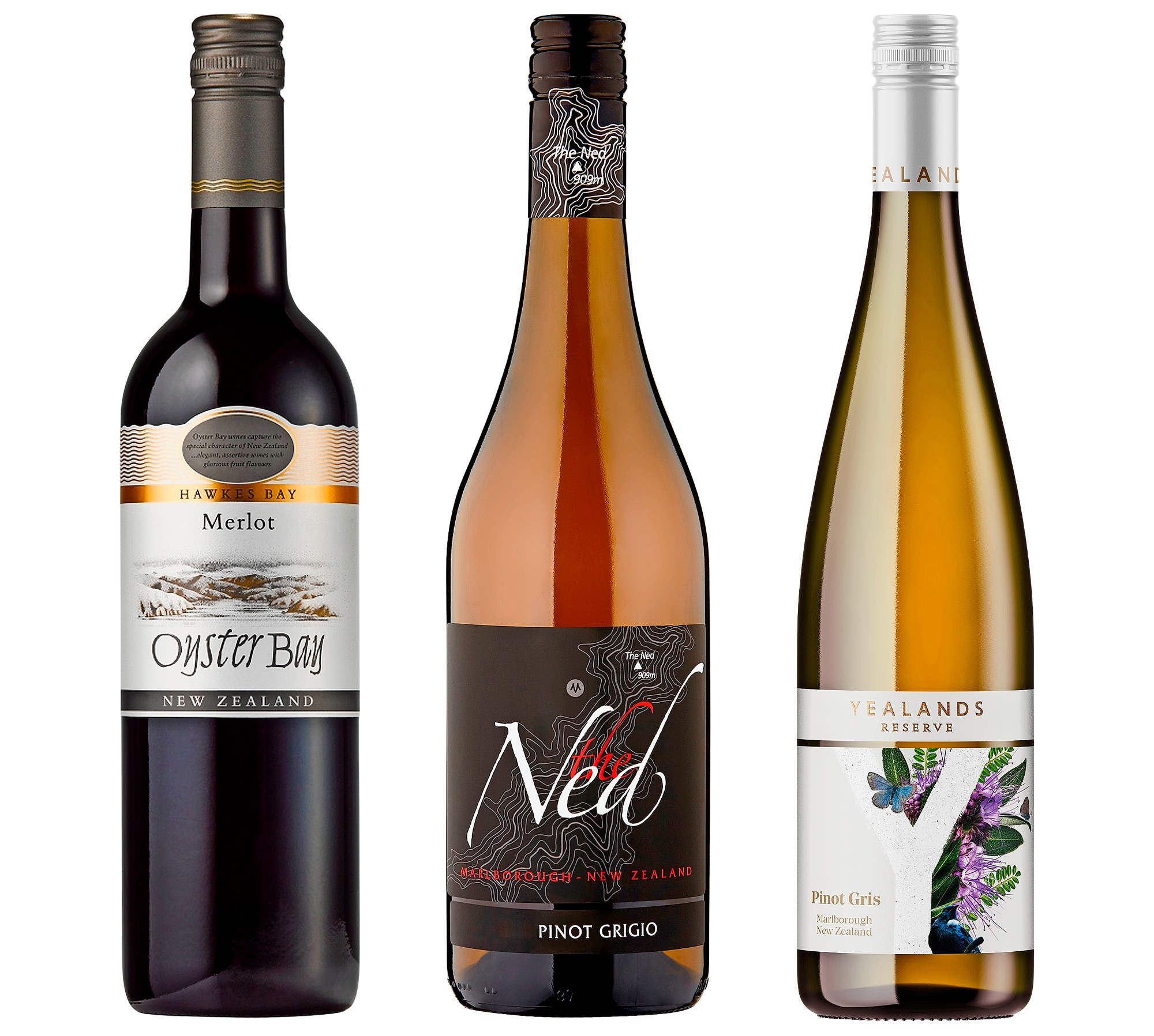 Three wine bottles: Oyster Bay Merlot, The Ned Pinot Grigio, and Yealands Reserve Pinot Gris.