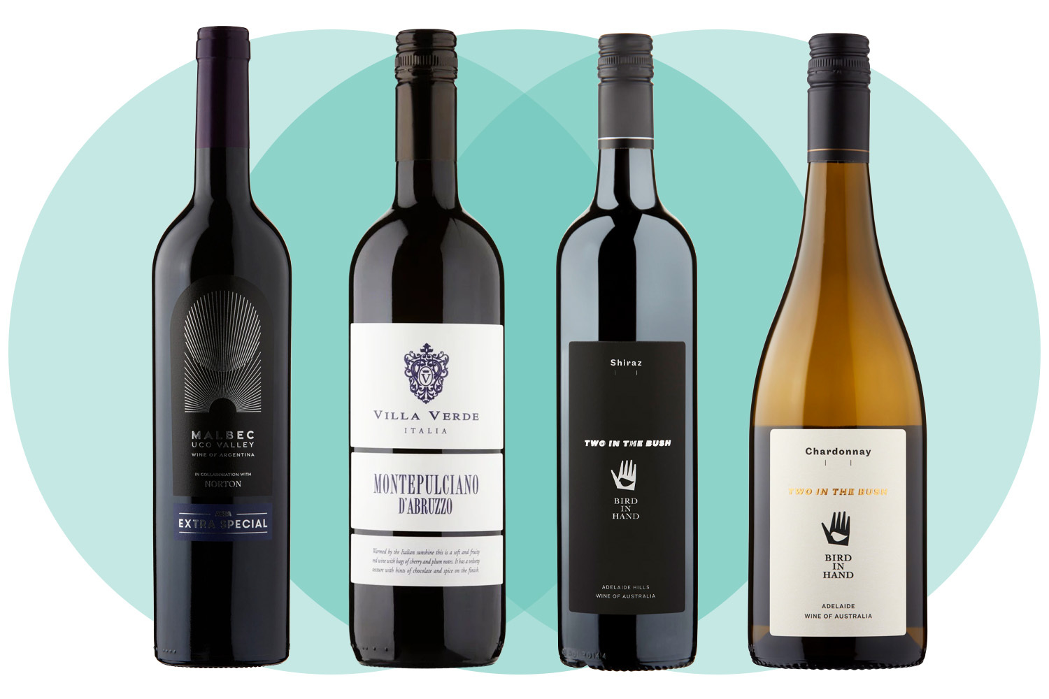 A collage of four bottles of wine, two red and two white, with circular teal backgrounds.