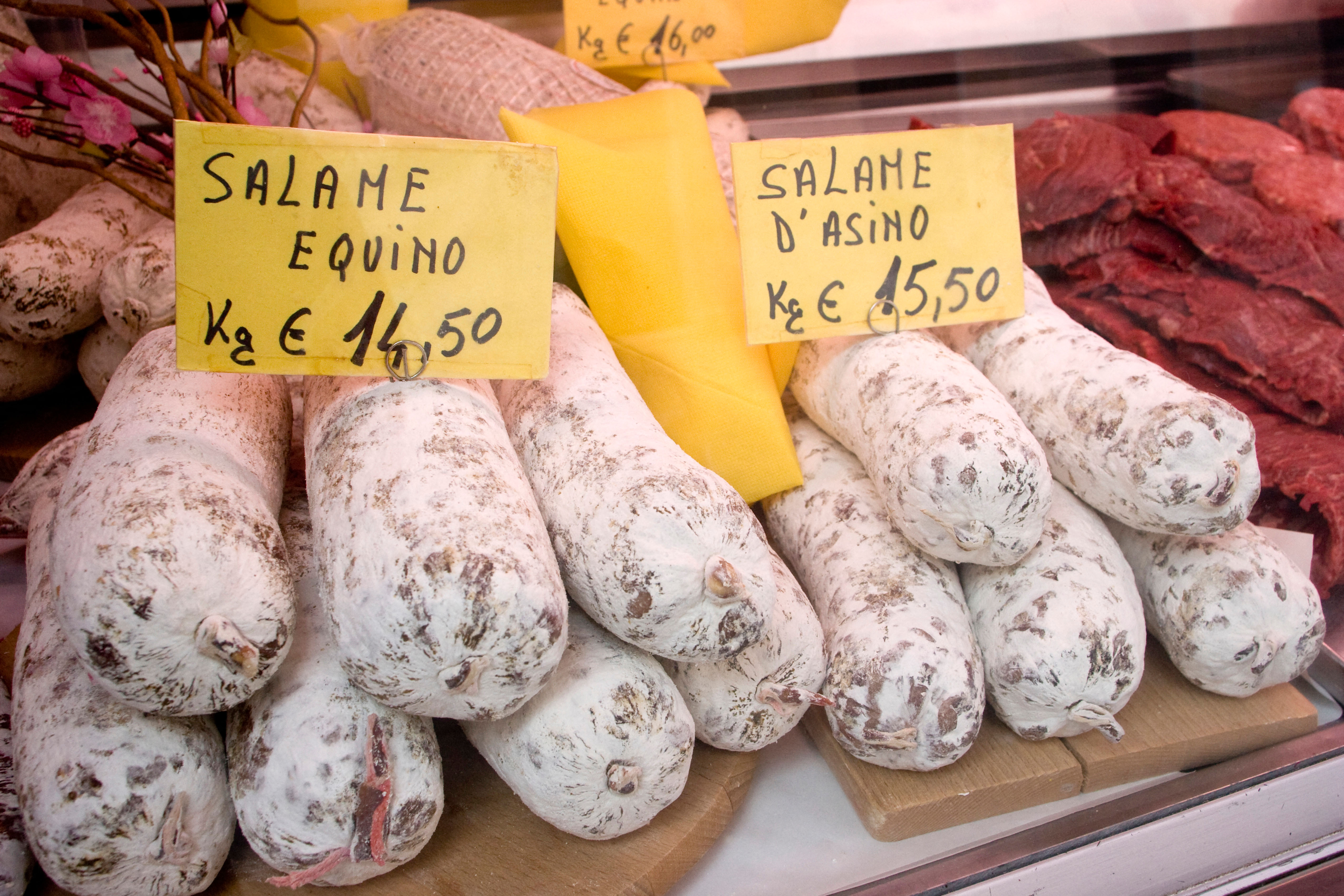 Horse and donkey meat products for sale at a market in Venice, Italy.