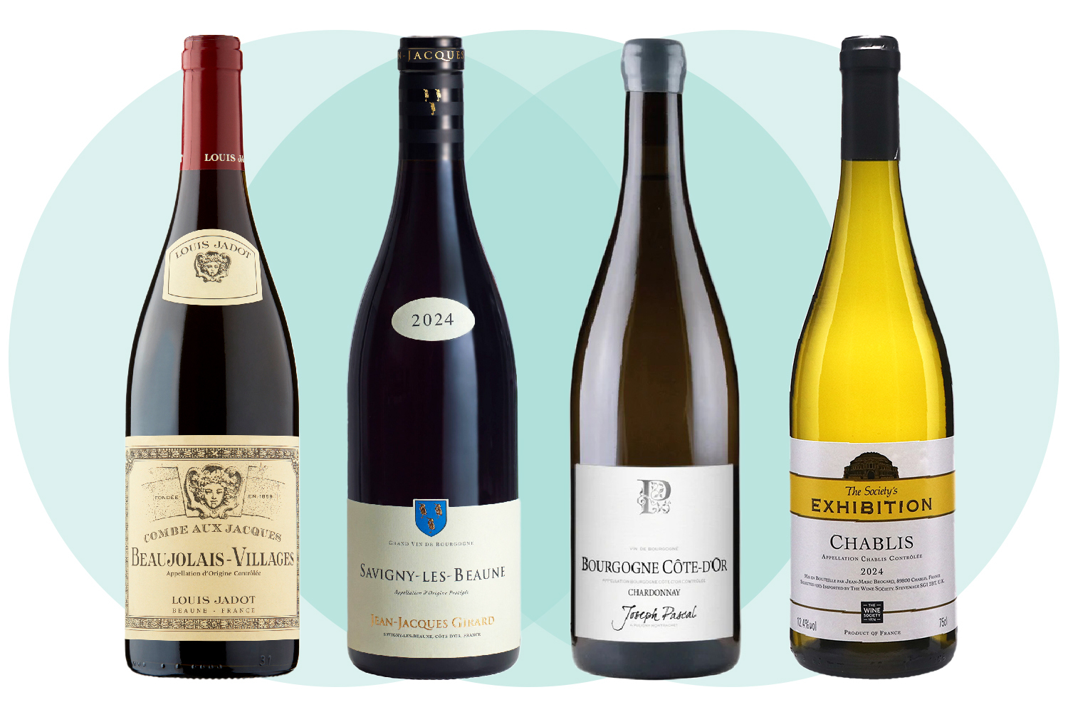 Collage of four bottles of wine, two red and two white.