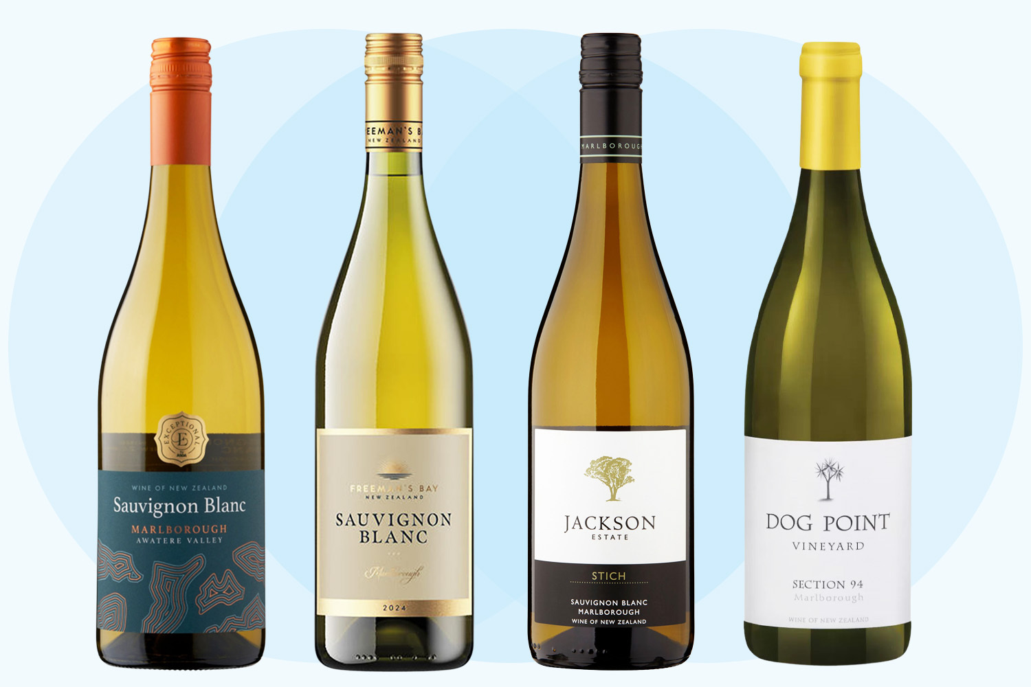 Four bottles of New Zealand Sauvignon Blanc wine.
