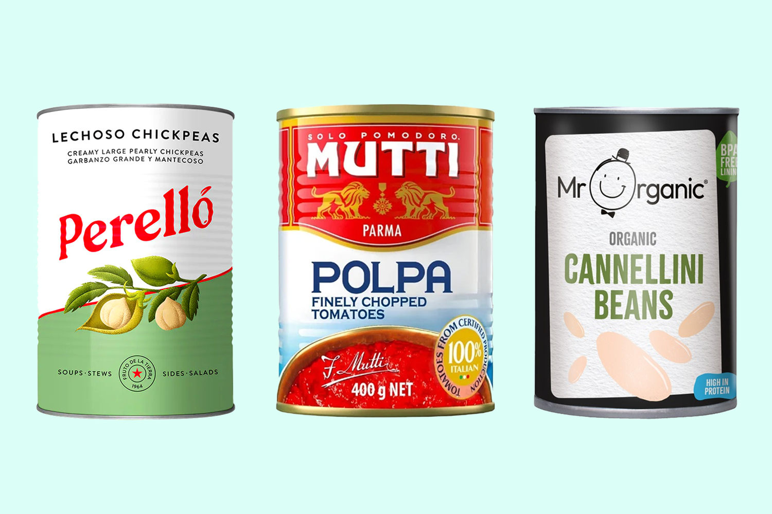 Three cans of food products: Perelló Lecho Chickpeas, Mutti Finely Chopped Tomatoes, and Mr Organic Cannellini Beans.