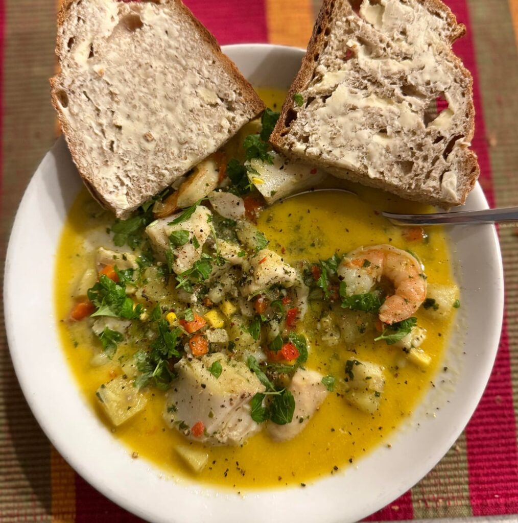 West Coast Seafood Chowder. Rock Cod and Local Shrimp. Base of Vegetables and a Cream/Fish Stock Flavoured with Saffron and Pernod. Served with my Fresh Baked Sourdough Bread.