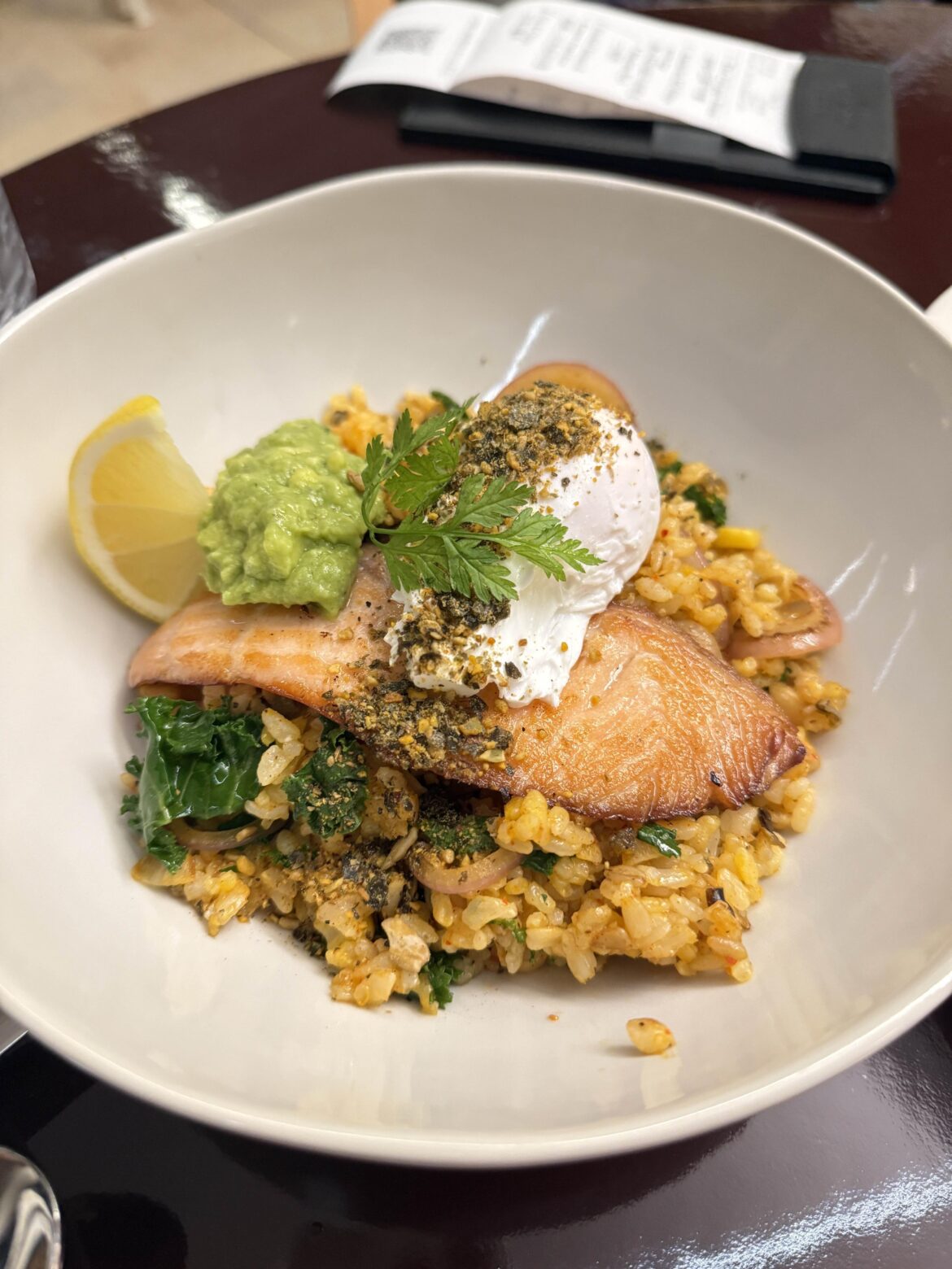 Salmon rice bowl with soft poached eggs