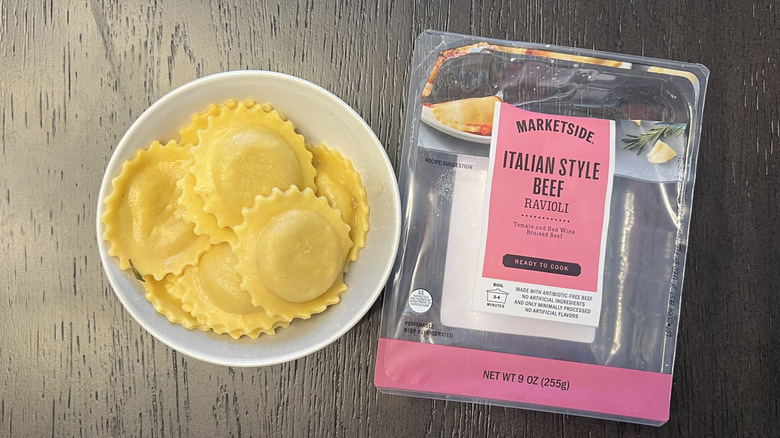 Walmart Marketside Italian style beef ravioli in a bowl.