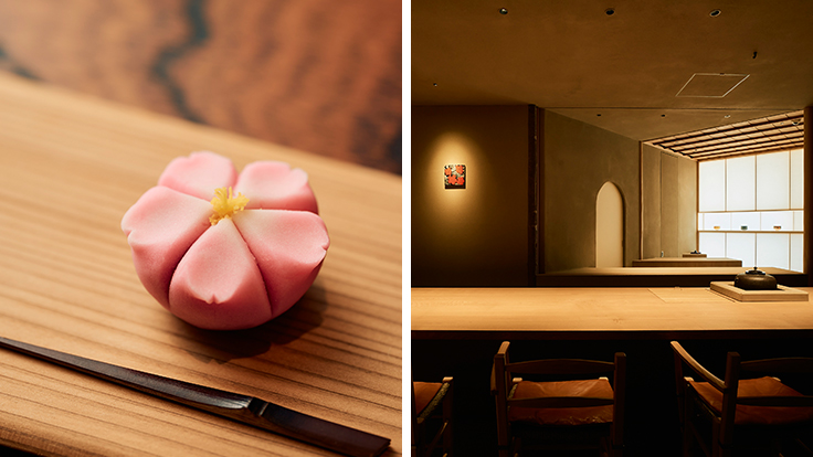 A main sweet shaped like a seasonal flower at Kukuku (left). Counter-side setting suggests the quiet vantage of a tea room (right). © Kukuku