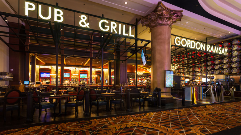 Gordon Ramsay's Pub & Grill signage over restaurant dining area in Caesar's Palace hotel in Las Vegas