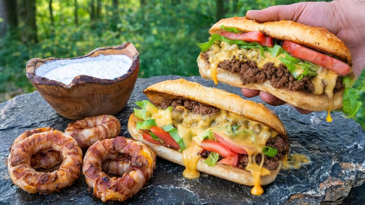 New York Chopped Cheese Sandwich Cooked Over Fire in the Forest