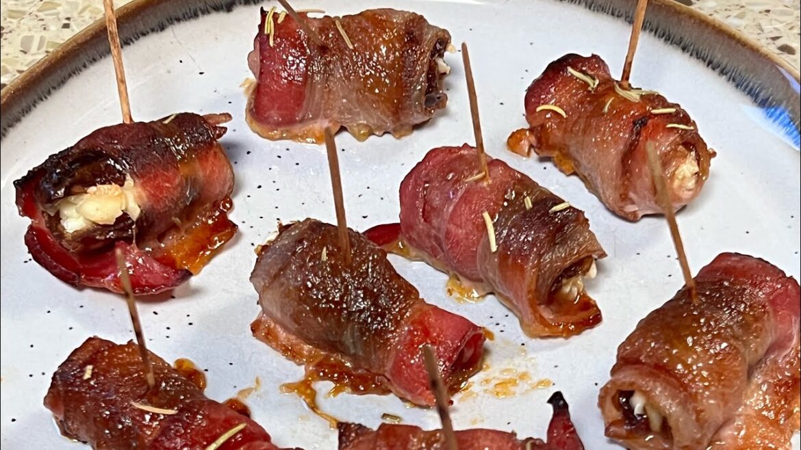 Goat cheese stuffed dates wrapped in bacon.