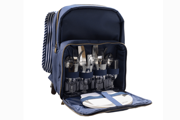 open backpack with cutlery and plates