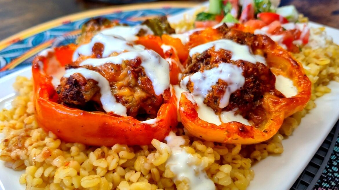 Turkish Baked Kofte Stuffed Peppers with Bulgur & Garlic Sauce