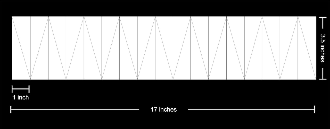 An illustration: A white rectangle that is 17 inches long and 3.5 inches tall. Vertical straight lines are spaced an inch a part with a diagonal line connecting each end in a zigzag pattern.