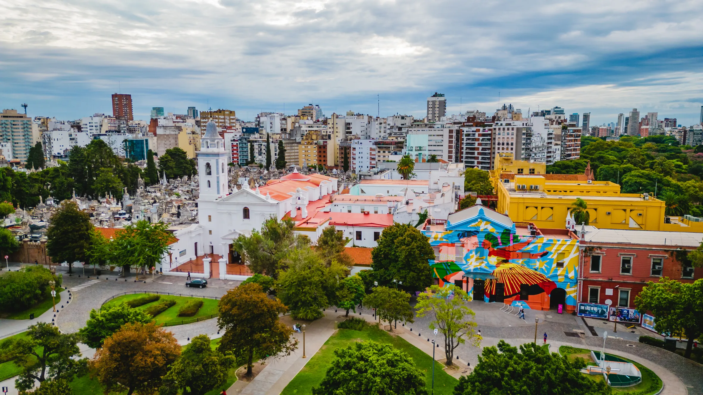 Aerial view of Recoleta Cemetery and surrounding Buenos Aires cityscape.