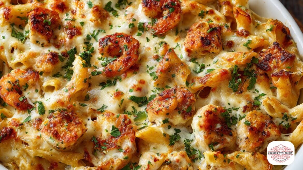 Creamy Cajun Chicken And Shrimp Baked Ziti!
