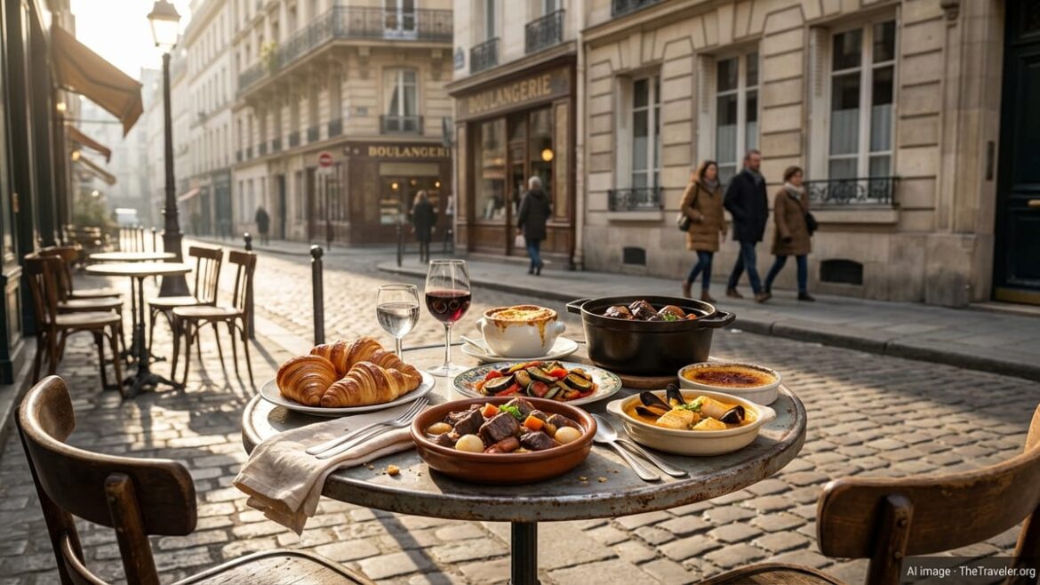 Table at a Paris café with classic French dishes and pastries on a sunny morning.