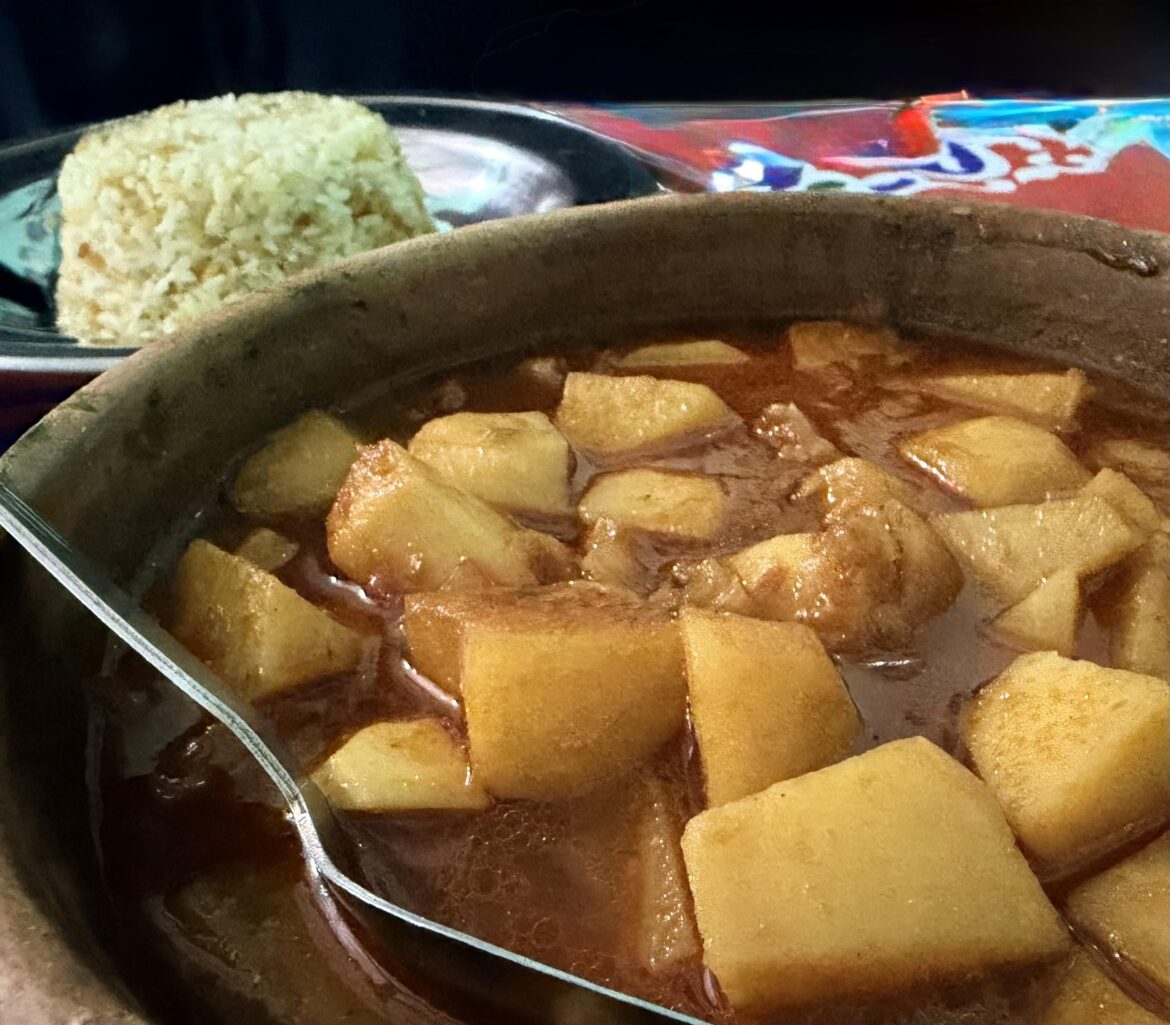 Potato stew I had a few times in Egypt. They called it a tagine, although I would associate that with Morocco. I note that Egypt’s popular potato dish is Sanyet El Batates.
