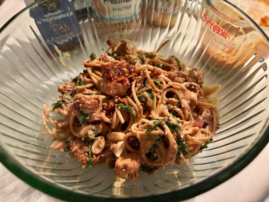 Tofu lo mein w/ peanut sauce and banana peanut butter brownies