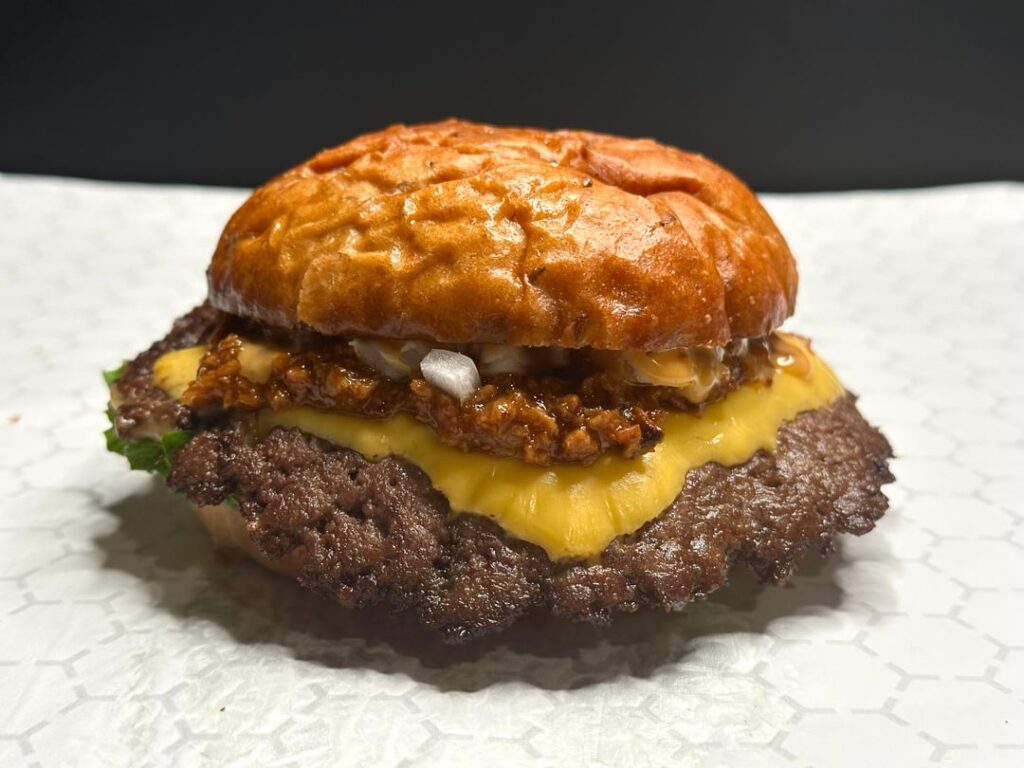 Homemade chili cheese smash burgers