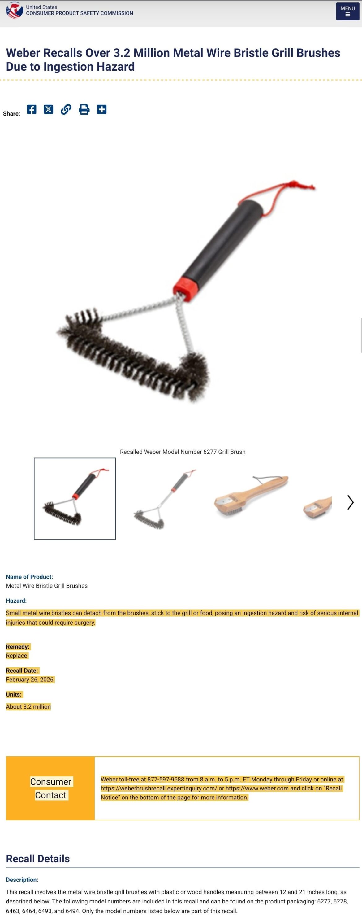 Weber grill brush recall