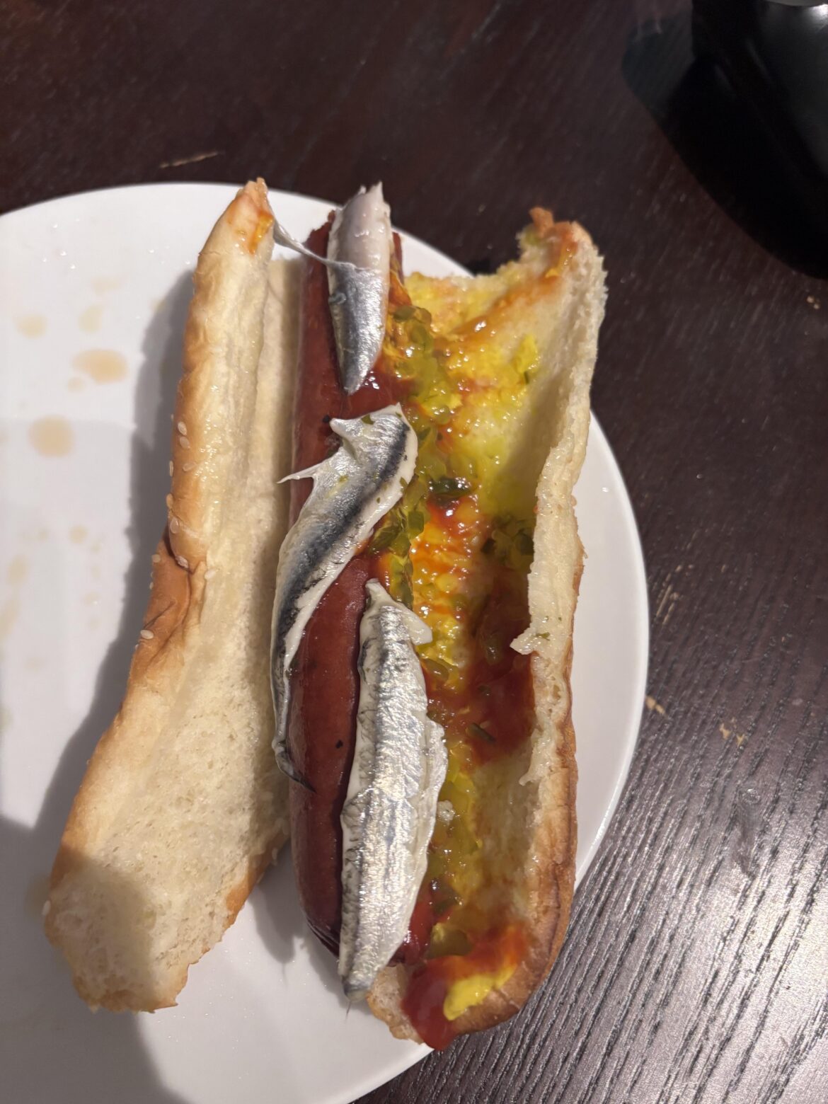 White anchovy on Costco dog