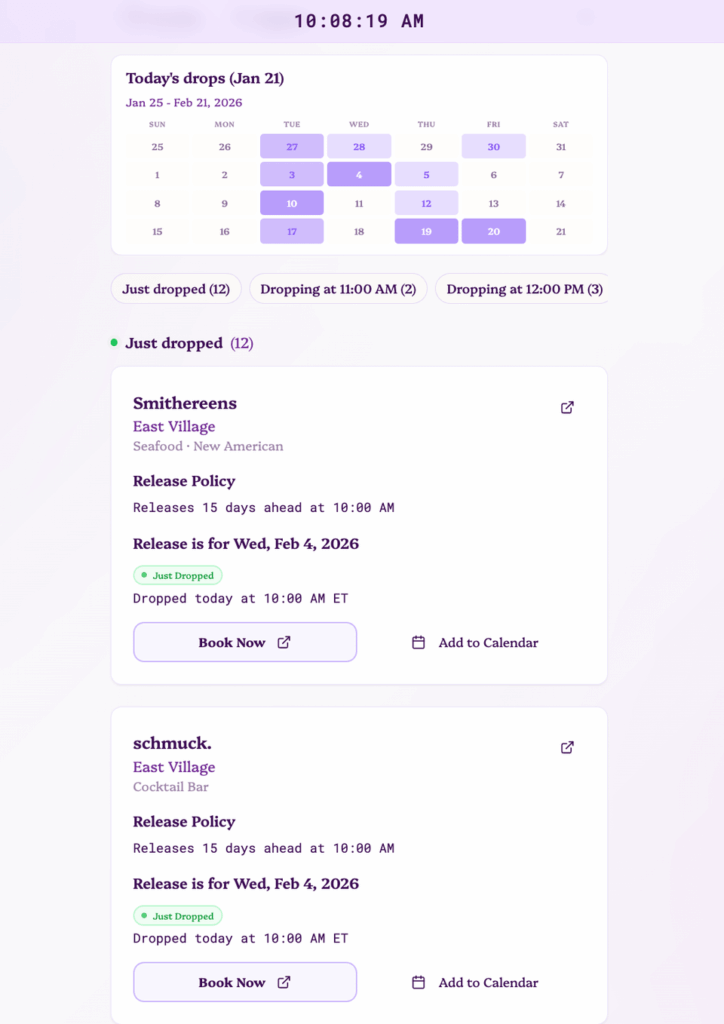 Live reservation drop feed