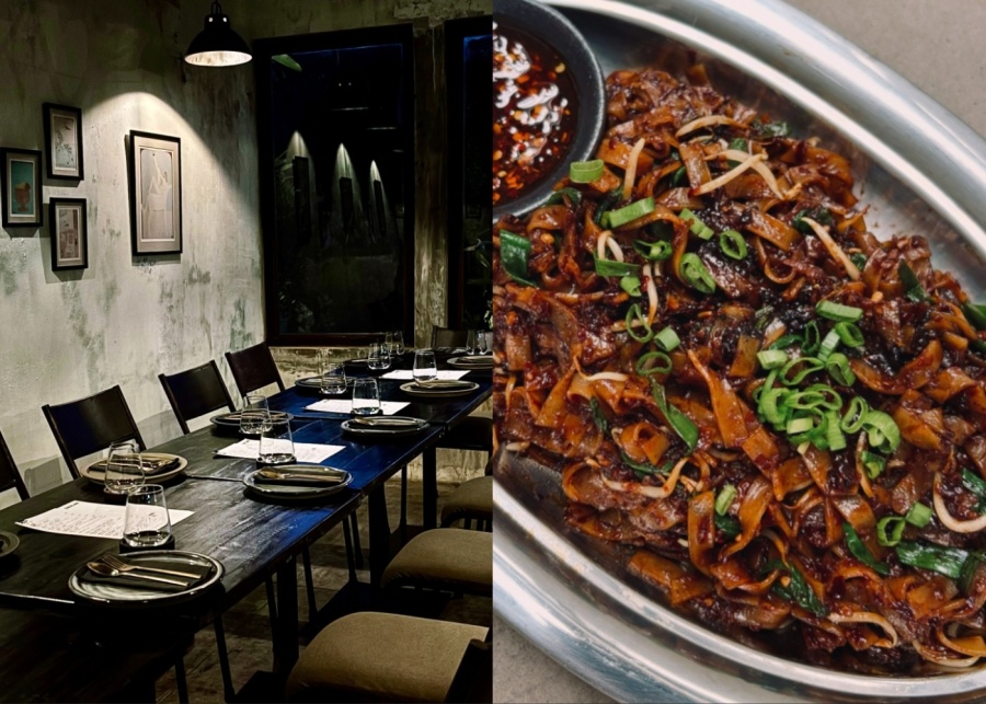Left: the interiors of 2 Bulan Thai restaurant in Ubud Bali Indonesia. Right: a spicy pad Thai