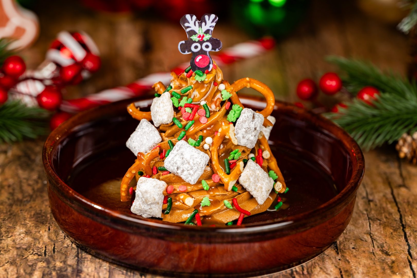 Reindeer Sundae: Chocolate soft-serve topped with caramel sauce, pretzels, chocolate and peanut butter-dusted rice cereal, and a reindeer chocolate piece