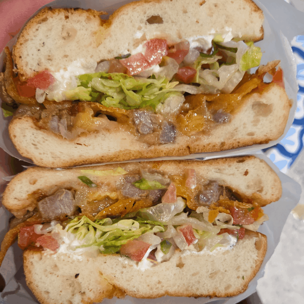 Bolillo with beans, pico, y asada