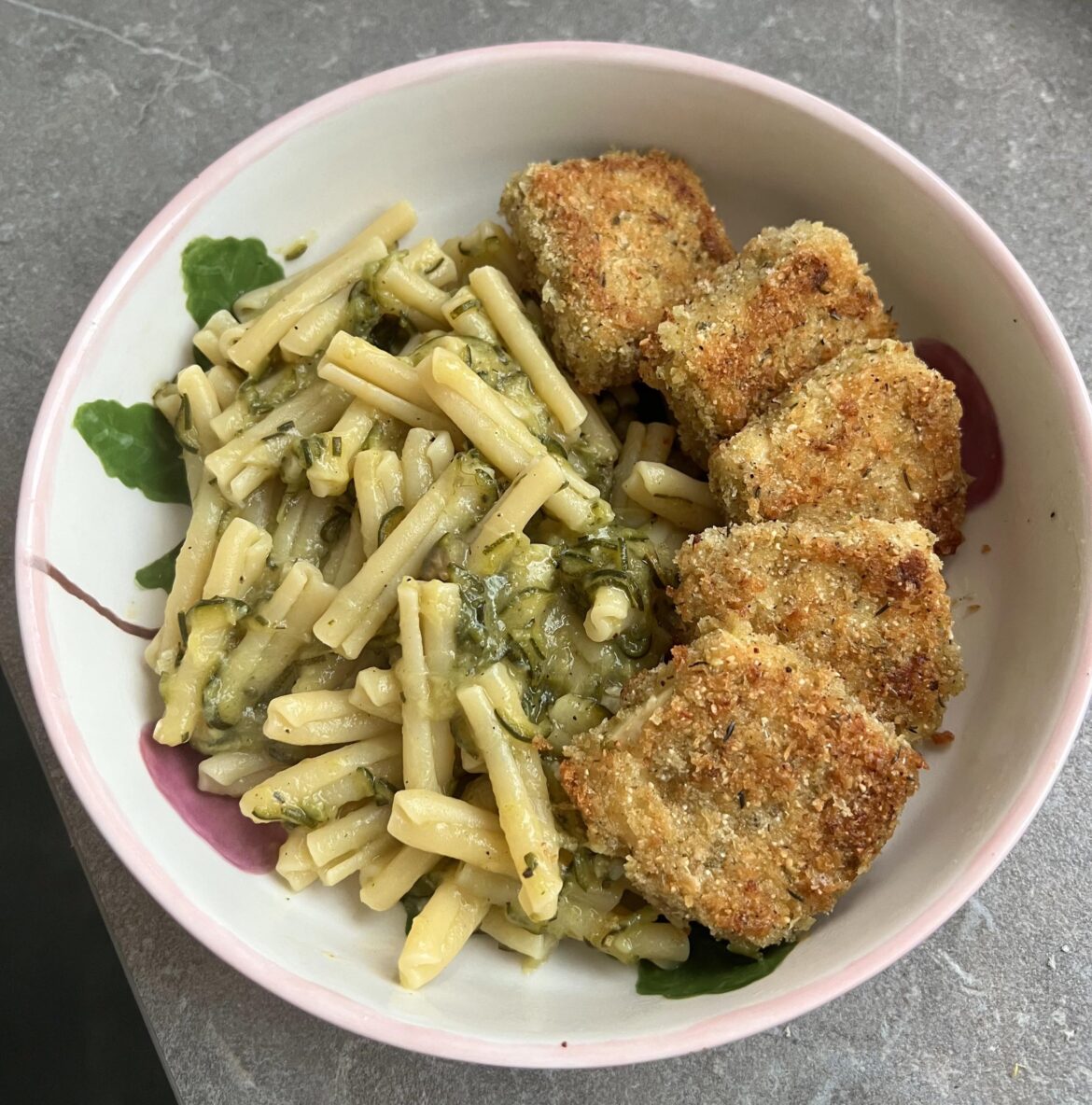 Zucchini pasta with tofu in a lemon, herb and parmesan panko crust