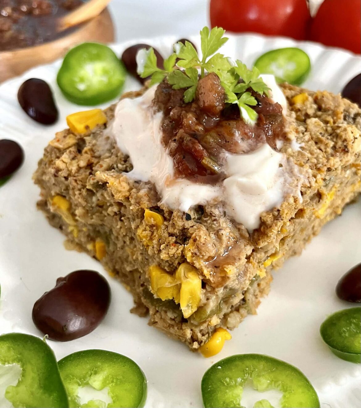 Southwest Savory Baked Oatmeal with Corn, Green Chiles and TVP