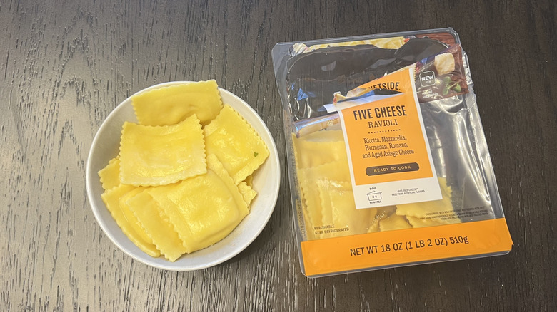 Walmart Marketside five cheese ravioli in a bowl.