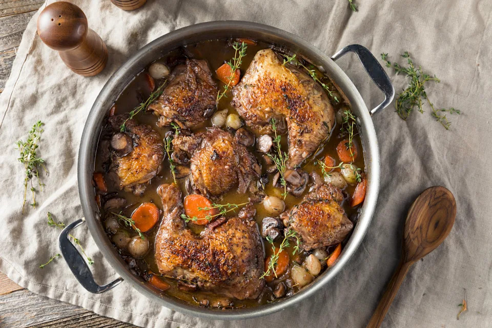 homemade French Coq Au Vin chicken and veggies and sauce from julia child's recipes