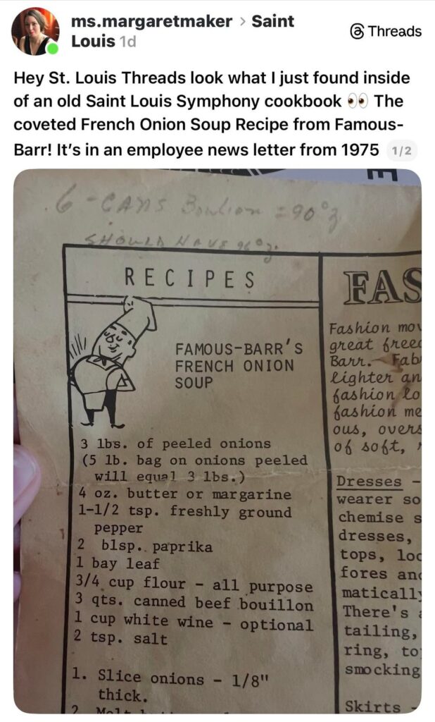 The Famous-Barr French Onion Soup recipe, as shared to Threads.