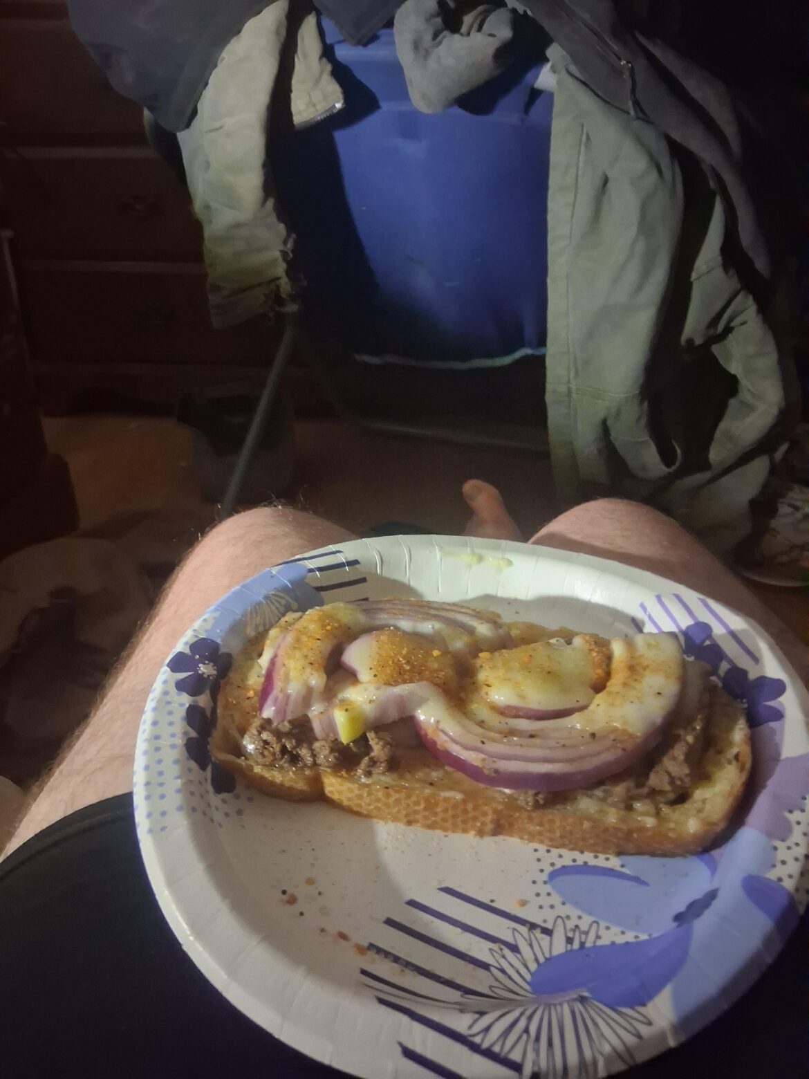 Sourdough guy, back again with leftover midnight snacki. Garlic Sourdough, hella mayo, leftover tritip, raw purp, Some kinda chees odk im drunk. Toe for the freaks.
