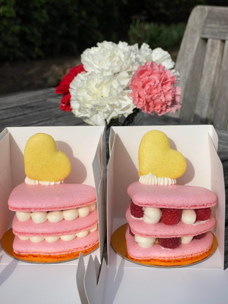 Mini Heart Cakes (4 inch) with Passionfruit Curd and Raspberries, and Dulce de Leche