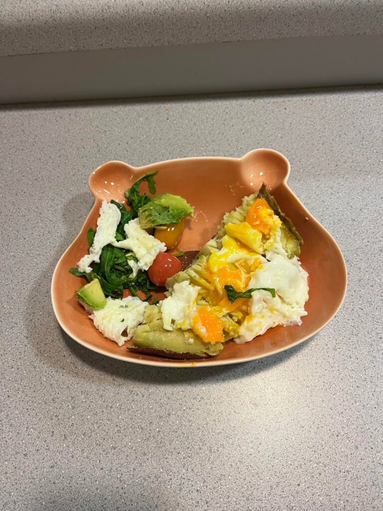 Japanese potato with eggs and veggies