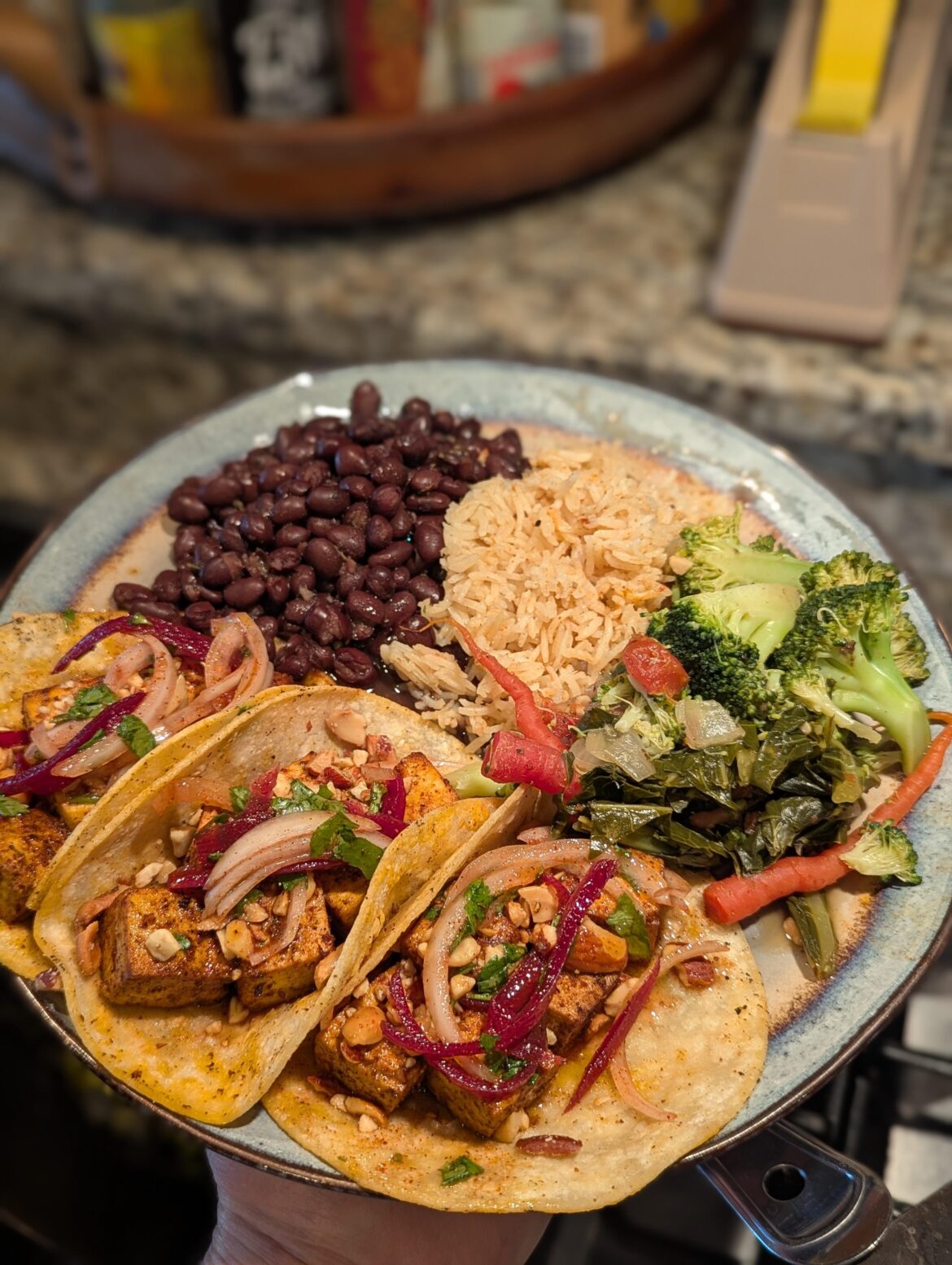Tofu tacos and a plate full of plants