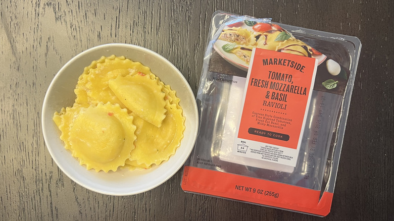 Walmart Marketside tomato, fresh mozzarella and basil ravioli in a bowl.