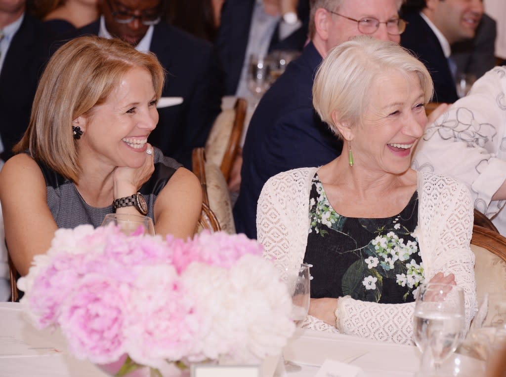 Katie Couric and Dame Helen Mirren attend a special luncheon hosted by Tina Brown, Diane Von Furstenberg, and Pamela Thomas-Graham at Barbetta in 2015. Stephen Lovekin