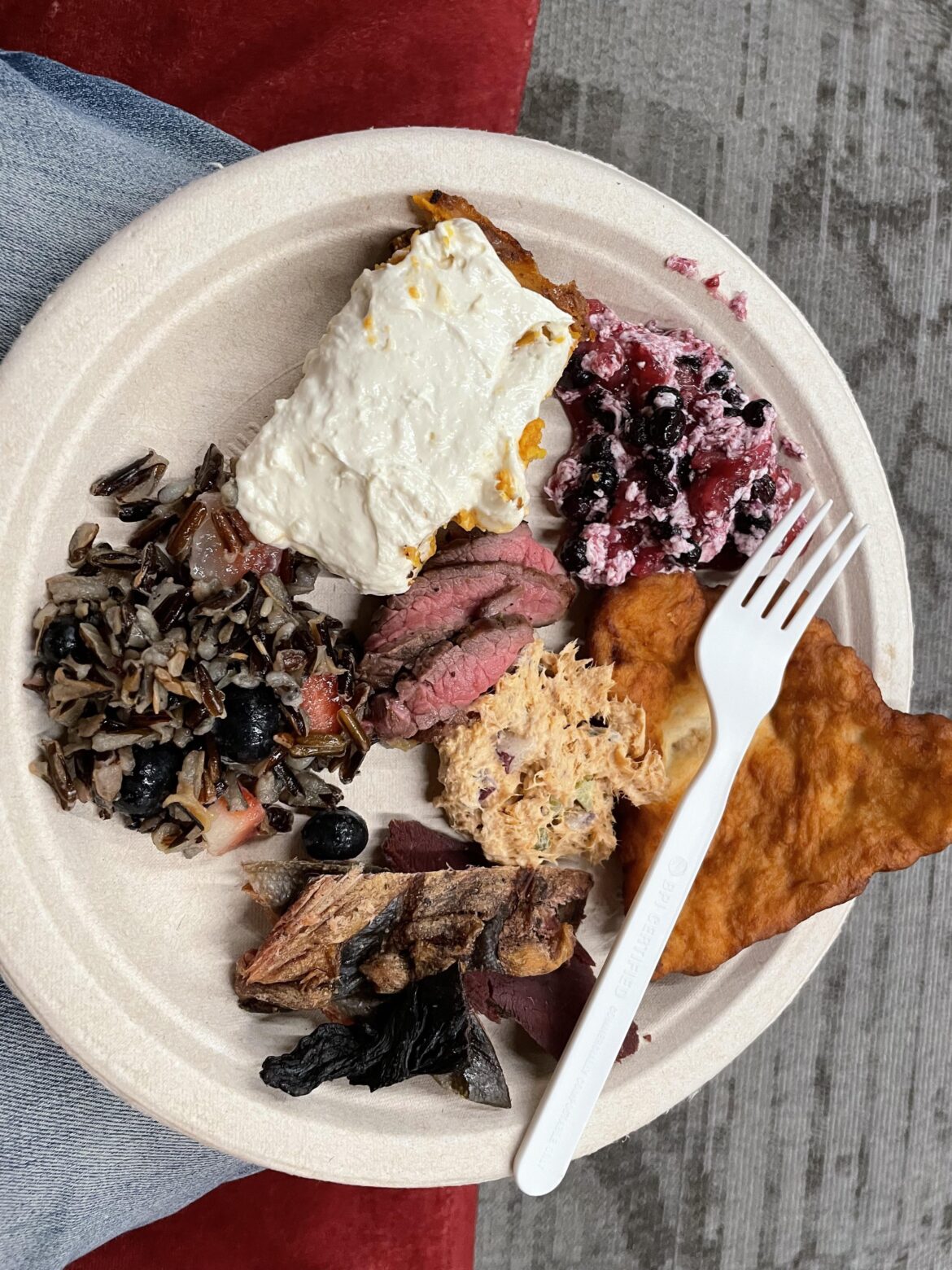 [I ate] Frybread, akutaq, elk, salmon dip, salmon, goose, bearded seal, nuts with berries, and pumpkin cake.