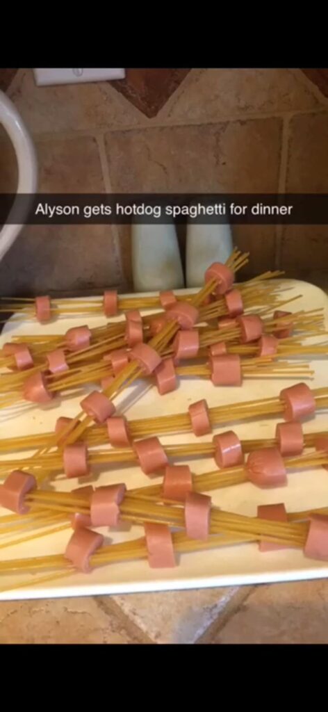 My friend’s Snapchat story featuring hotdog spaghetti